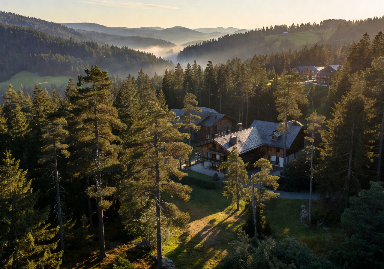 Black Forest scenic luxury destination view with pine trees
