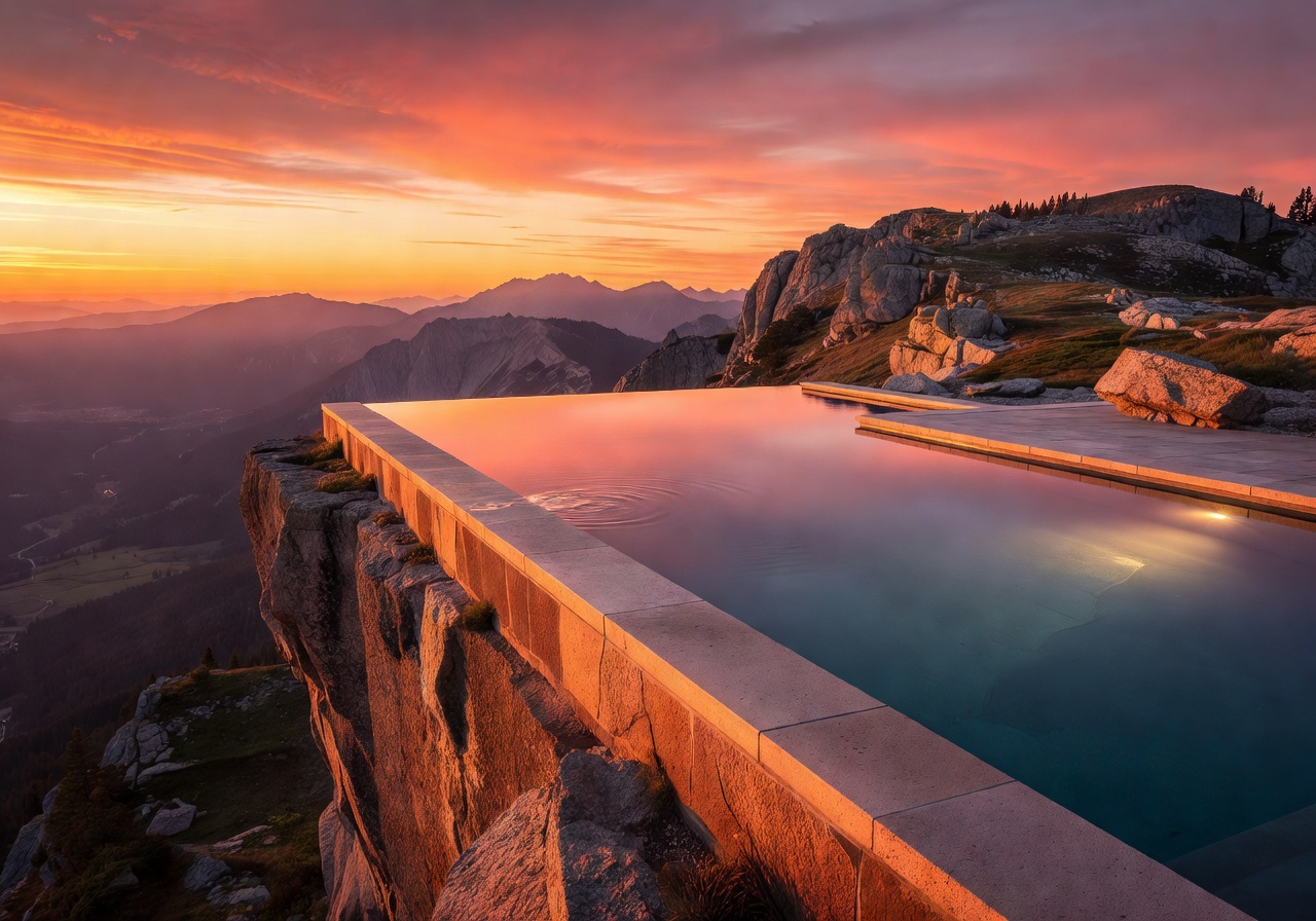 Cinematic mountain infinity pool at sunset in the German Alps