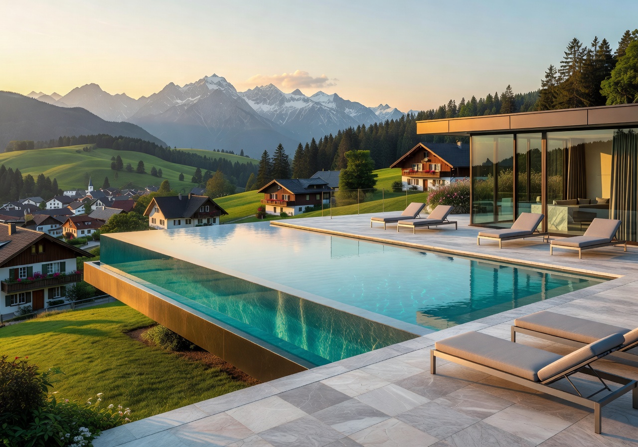 Scenic German luxury destination featuring a modern infinity pool