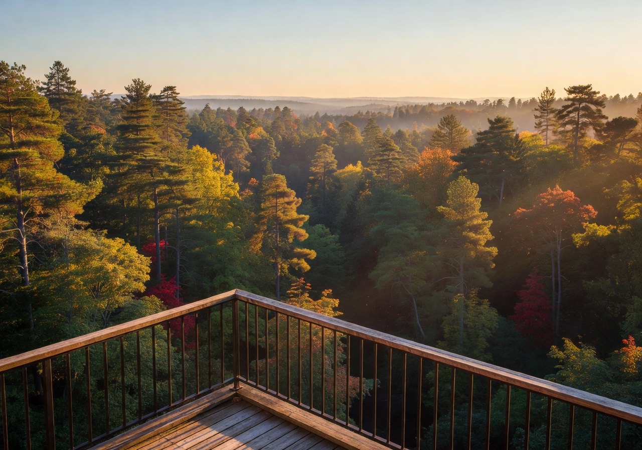 Lush green pine forest view from the hotel balcony