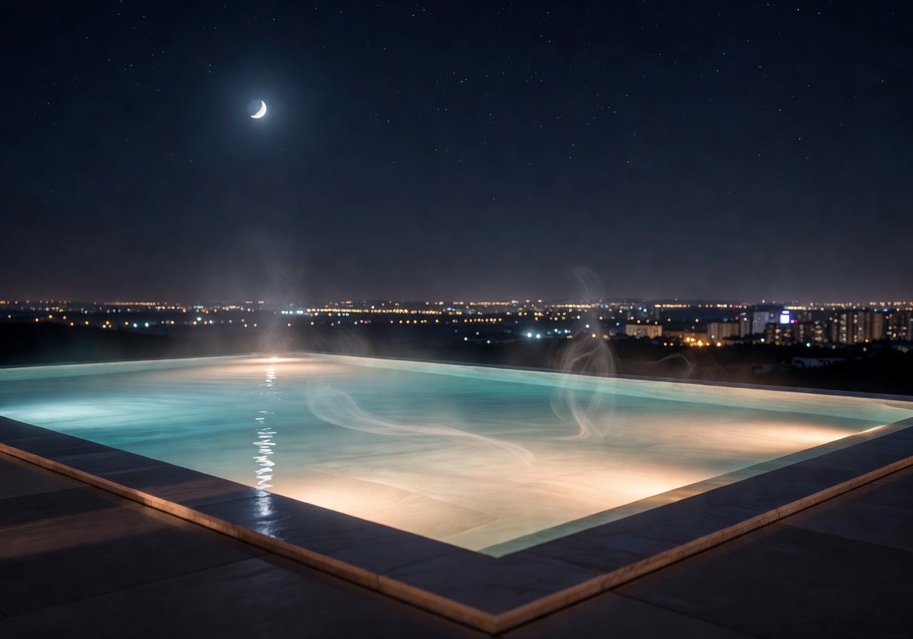 Illuminated heated infinity pool at night time