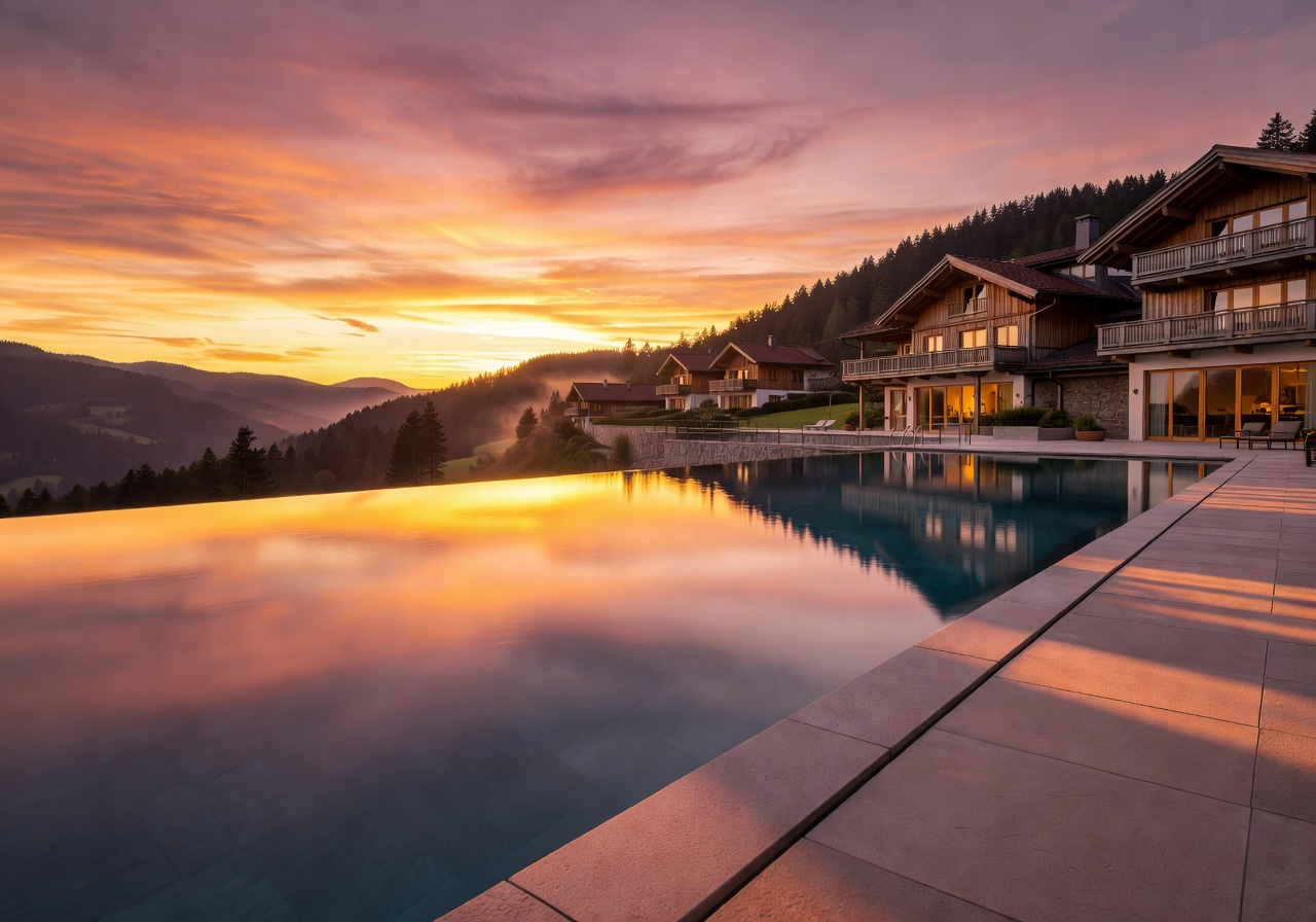 Hotel Traube Tonbach forest panoramic infinity pool at sunset